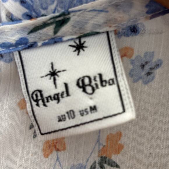 Angel Biba Floral White Blue Open Back Ruffle Chiffon Dress Size Medium Boho - Picture 9 of 10